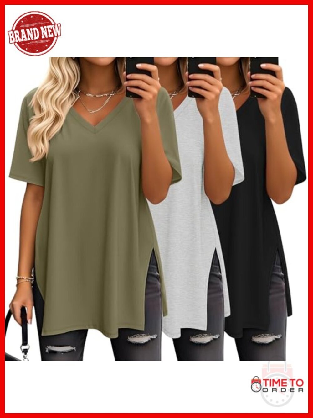3 Pack Oversized V Neck Tunic Tee Side Split Short Sleeve Loose Fit Tops